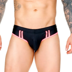 Black gigo medieval candy swim brief with pink trim and three vertical stripes on each side for swimming use
