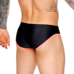 Black gigo medieval candy swim brief with vibrant pink trim along waistband and leg openings for swimwear use