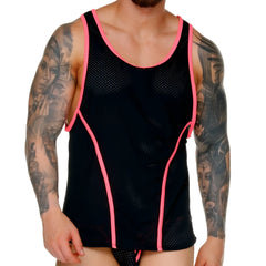 Black mesh gigo medieval candy tank top with vibrant pink trim and functional side zippers visible on front side