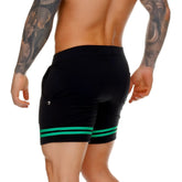 Black Gigo medieval green short with two vibrant green horizontal stripes near the hem for athletic wear