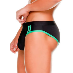 Black swim trunks with vibrant green trim and three vertical stripes on the side gigo medieval green swim brief