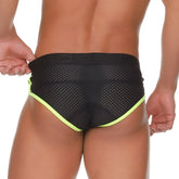 Black mesh gigo medieval yellow brief with neon green trim and black elastic waistband for comfortable wear