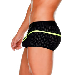 Black mesh briefs with neon green trim and branded waistband from gigo medieval yellow trunk collection