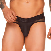 Black men’s briefs gigo mediterranean brief with sheer mesh waistband and embossed logo in front view