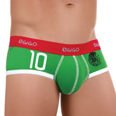 Green gigo mexico brief underwear size XL with red waistband, white trim, and white number 10 on the front