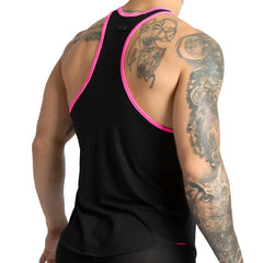 Black athletic tank top with vibrant fuchsia pink trim along neckline and armholes for active wear by Gigo Misty