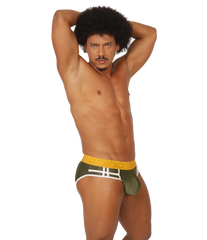 Olive green and yellow gigo mix green brief with white geometric trim athletic briefs for active wear