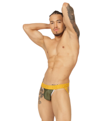Olive green and yellow gigo mix green jockstrap with a bold contrasting waistband designed for athletic support
