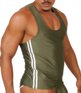 Olive green gigo mix tank top with three white vertical stripes down each side for athletic wear
