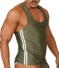 Olive green gigo mix tank top with three white vertical stripes down each side for athletic wear