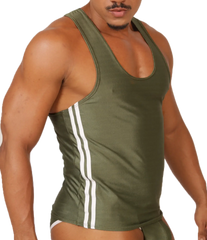 Olive green gigo mix tank top with three white vertical stripes down each side for athletic wear