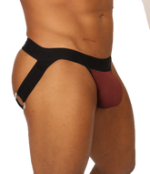 Black and maroon gigo mix wine jockstrap with textured front panel and adjustable side straps for athletic support