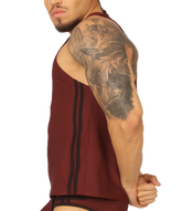 Gigo Mix Wine tank is a maroon cotton tank top with black vertical stripes ideal for casual summer wear