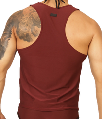 Maroon ribbed tank top with black brand tag at neckline in gigo mix wine tank style made from soft fabric
