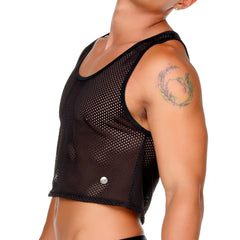 Gigo Morocco black crop top in black mesh with scoop neckline and solid black trim along the edges