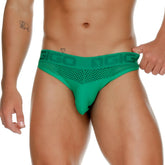 Green mesh briefs with a solid green waistband featuring the gigo logo from the gigo morocco green brief collection