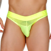 Bright neon yellow mesh thong brief with solid waistband from gigo morocco in vibrant yellow color