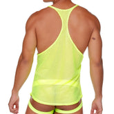 Neon yellow mesh gigo morocco tank top with racerback design shown from the back side