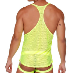 Neon yellow mesh gigo morocco tank top with racerback design shown from the back side