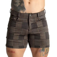 Black and white houndstooth patterned gigo mountain brown short with classic tailored fit and comfortable fabric