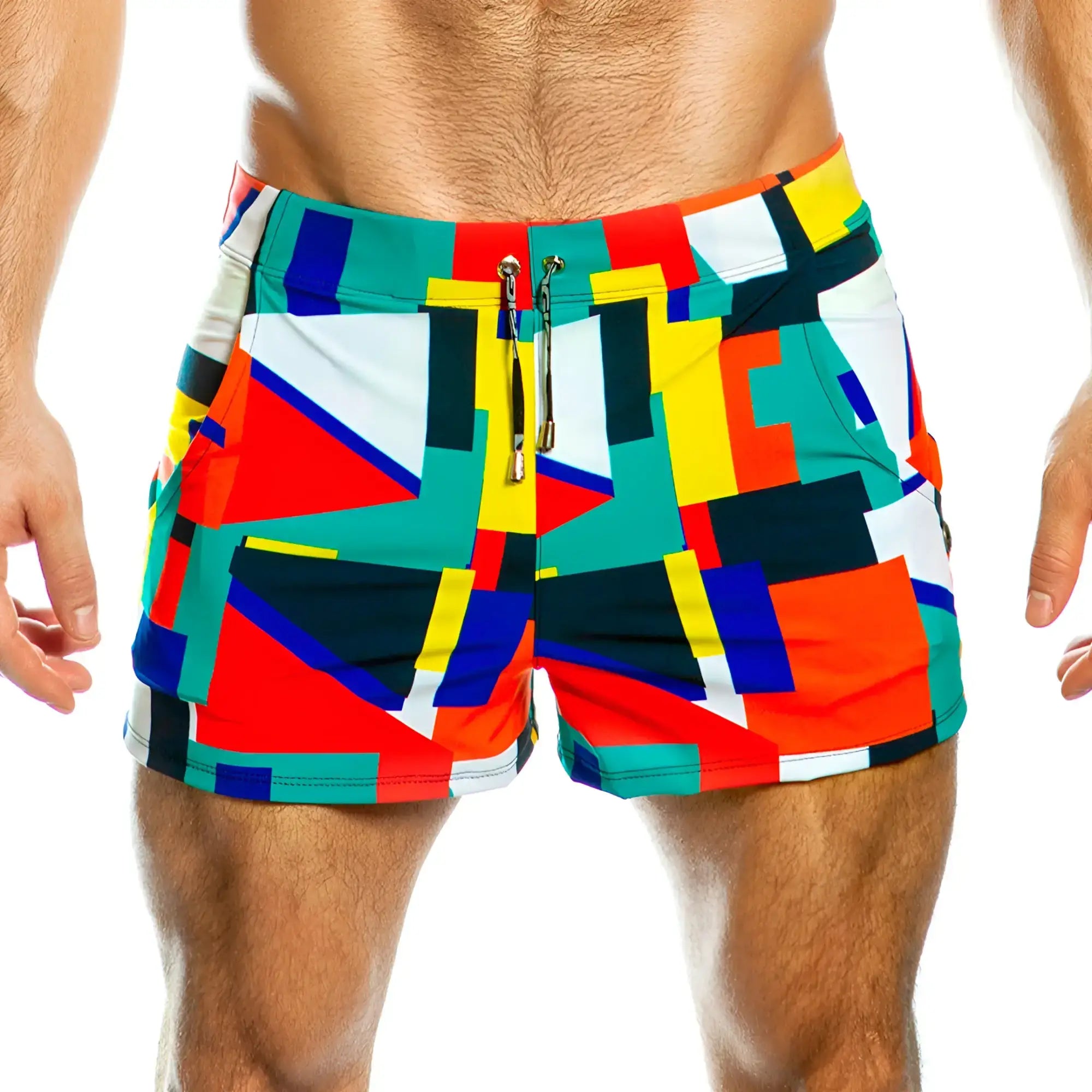 Gigo multicolor beachwear vibrant geometric patterned swim trunks in red teal yellow and navy blue for summer use