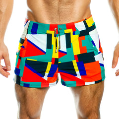Gigo multicolor beachwear vibrant geometric patterned swim trunks in red teal yellow and navy blue for summer use