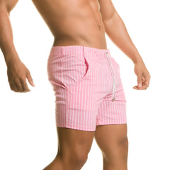 Pink striped Gigo Naval beachwear swim trunks with drawstring waistband for comfortable seaside wear