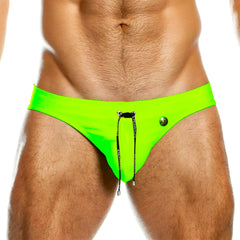 Gigo neon green swim brief with vibrant neon green fabric black drawstring and metallic button detail