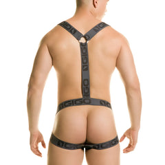 Black elastic suspenders with nggo branding on straps for gigo new cautious gray harness visible from front side