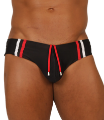 Gigo Nice black swimbrief with bold red and white vertical stripes and matching red drawstring at the front