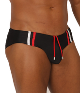 Gigo Nice black swimbrief with red and white striped side panels and matching drawstring ties for swimming