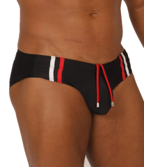 Gigo Nice black swimbrief with red and white striped side panels and matching drawstring ties for swimming
