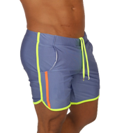 Gigo Nice blue beachwear athletic shorts with neon yellow and orange side stripes and a drawstring waistband