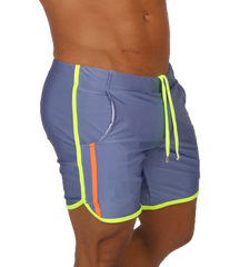Gigo Nice blue beachwear athletic shorts with neon yellow and orange side stripes and a drawstring waistband