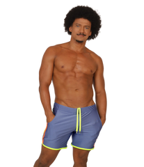 Gigo Nice blue swim trunks with neon yellow drawstring and trim for beachwear use