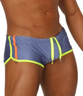 Gigo Nice Blue swim trunk in blue with neon yellow trim and orange side stripe for beach and pool use