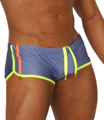 Gigo Nice Blue swim trunk in blue with neon yellow trim and orange side stripe for beach and pool use