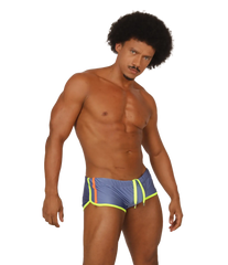 Gigo nice blue swim trunk with neon yellow and orange trim designed for comfortable beach and pool use