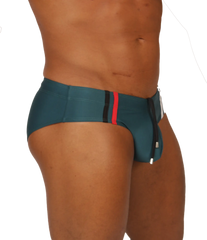 Teal gigo nice green swimbrief swim trunks with red and black side stripe detail for swimming and beachwear