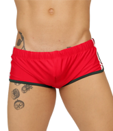 Gigo nice red swim trunk featuring red athletic shorts with black trim and white side stripes for swimming use