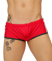 Gigo nice red swim trunk featuring red athletic shorts with black trim and white side stripes for swimming use