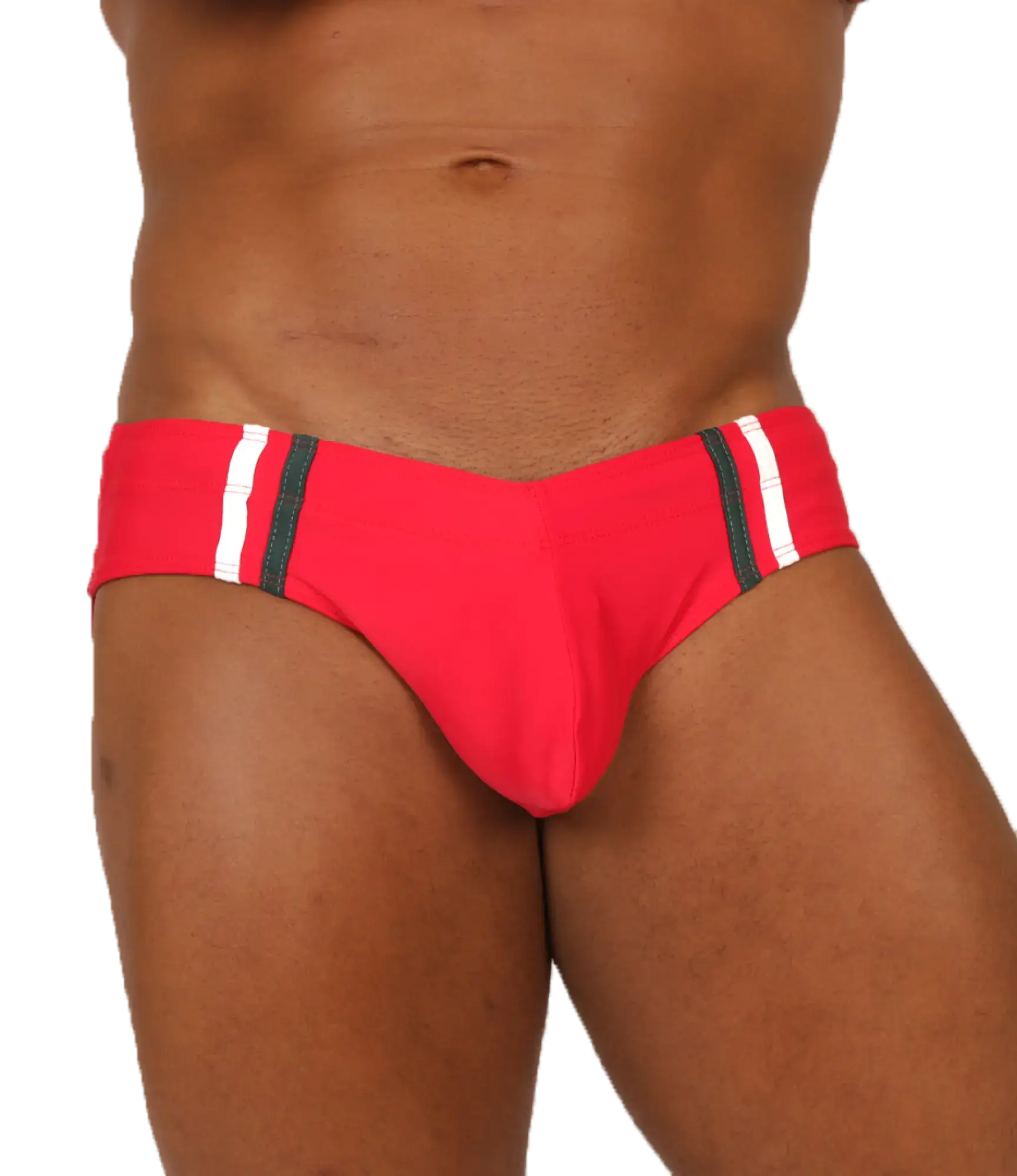 Vibrant red gigo nice red swimbrief with bold white and black striped side panels perfect for swimming