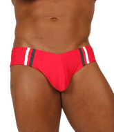 Vibrant red gigo nice red swimbrief with bold white and black striped side panels perfect for swimming