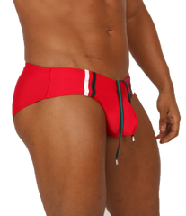 Gigo nice red swimbrief with white and black striped waistband and green drawstring for swimming use