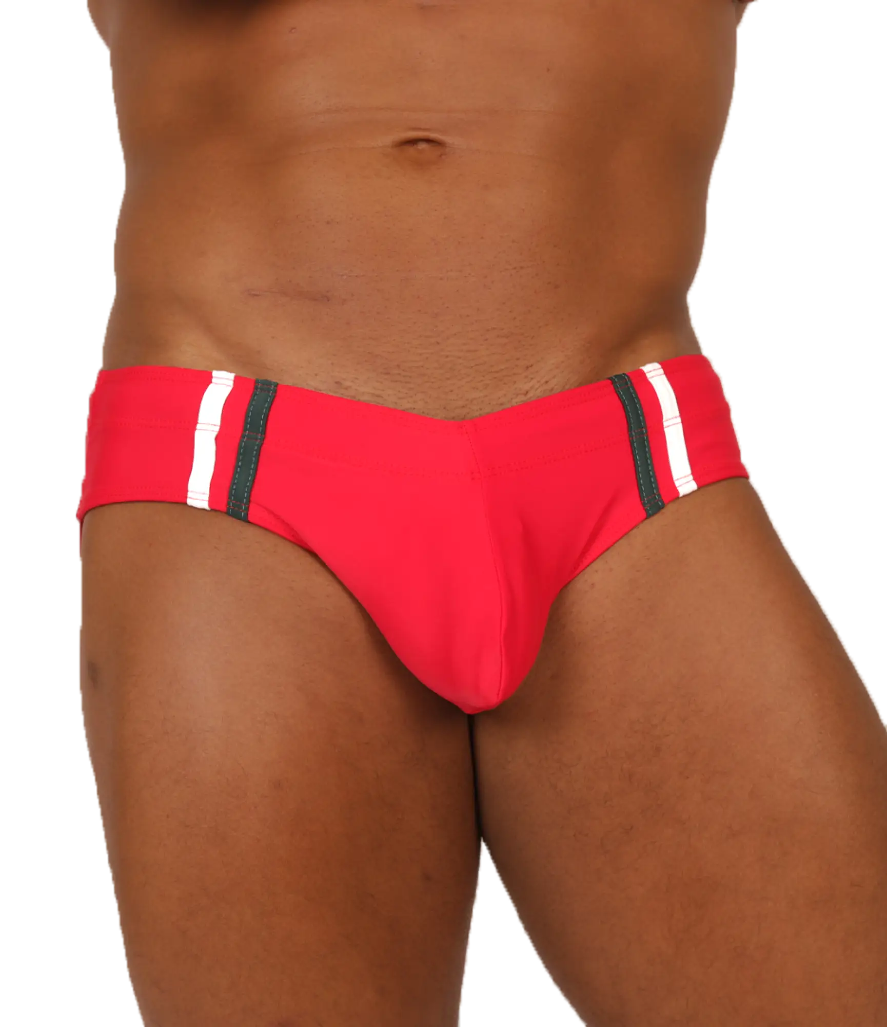 Vibrant red gigo nice red swimbrief with bold white and black striped side panels perfect for swimming