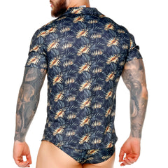 Dark blue short-sleeved gigo palms shirt with beige and light green tropical leaf pattern for casual wear