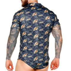 Dark blue short-sleeved gigo palms shirt with beige and light green tropical leaf pattern for casual wear