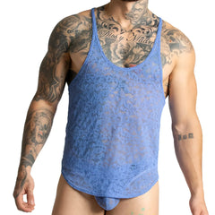 Gigo paradise blue tank blue lace men’s tank top with sheer intricate floral pattern and low cut neckline