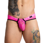 Bright pink lace thong with black trim and a small brand tag from Gigo Paradise Fucshia Brief collection