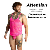 Vibrant pink lace men’s underwear with matching thong and racerback design in gigo paradise fucshia tank style back view
